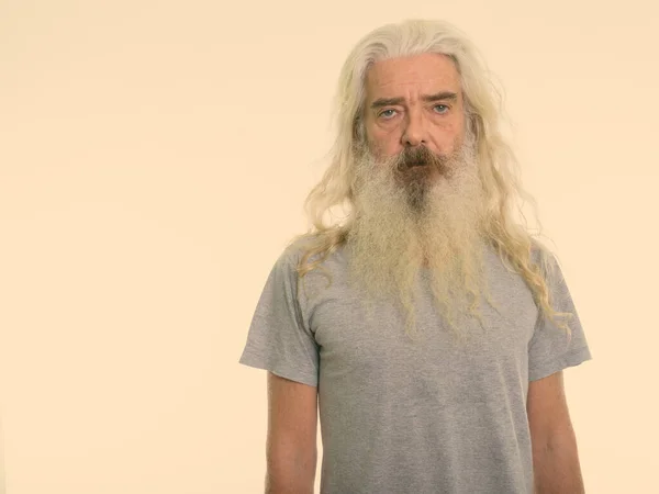 Студийный Снимок Красивого Пожилого Мужчины Длинной Белой Кудрявой Бородой Волосами — стоковое фото