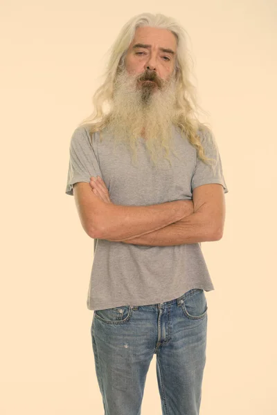 Estúdio Tiro Homem Sênior Bonito Com Longa Barba Encaracolado Branco — Fotografia de Stock