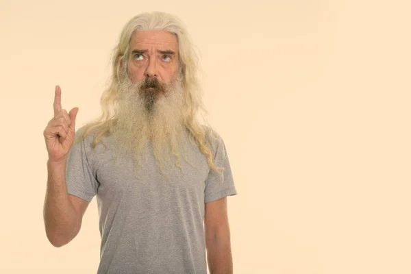 Estúdio Tiro Homem Sênior Bonito Com Longa Barba Encaracolado Branco — Fotografia de Stock