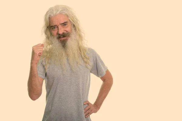 Estúdio Tiro Homem Sênior Bonito Com Longa Barba Encaracolado Branco — Fotografia de Stock