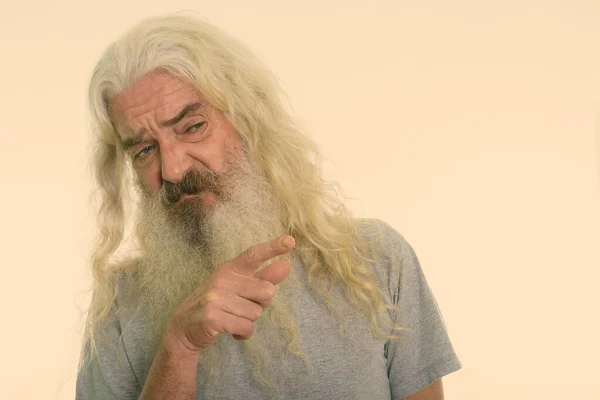 Estúdio Tiro Homem Sênior Bonito Com Longa Barba Encaracolado Branco — Fotografia de Stock