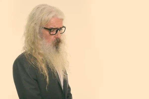 Студийный Снимок Красивого Старшего Бизнесмена Длинной Белой Кудрявой Бородой Волосами — стоковое фото