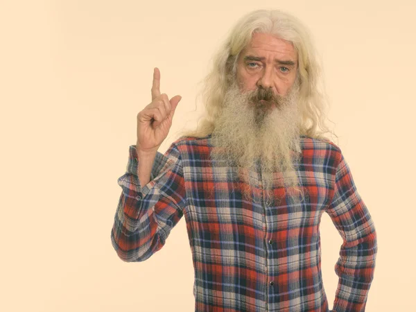 Estúdio Tiro Homem Hipster Sênior Bonito Com Longa Barba Encaracolado — Fotografia de Stock