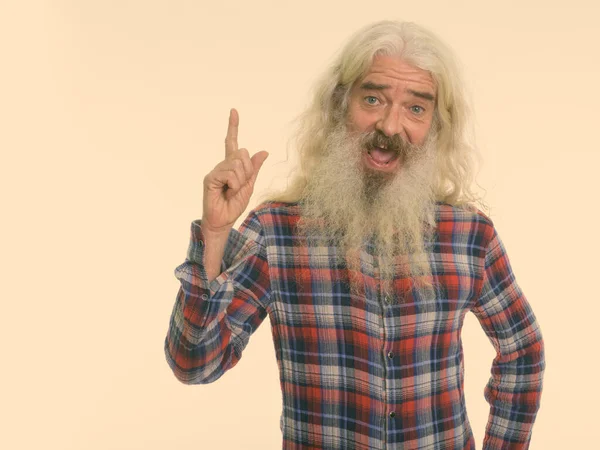 Estudio Disparo Hombre Hipster Alto Guapo Con Larga Barba Rizada — Foto de Stock