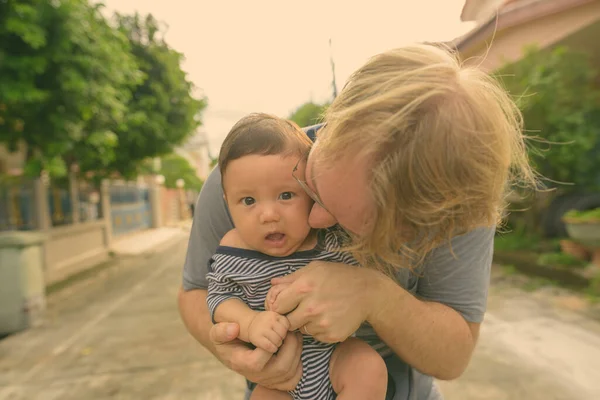 Portrait Father Baby Son Bonding Together Home Outdoors — Stock Photo, Image