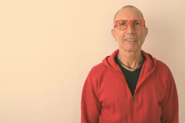 Studio Shot Bald Senior Man Wearing Jacket White Background — Stock Photo, Image