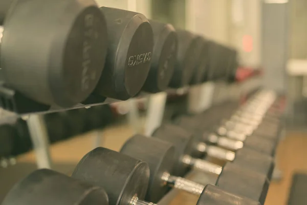 Selective Focus Dumbbells Aligned Gym — Stock Photo, Image