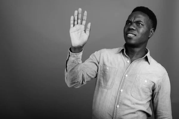 Studio Shot Young African Man Wearing Denim Shirt Gray Background — Stock Photo, Image