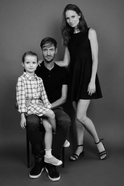 Studio Shot Van Jonge Russische Familie Hechting Samen Tegen Grijze — Stockfoto