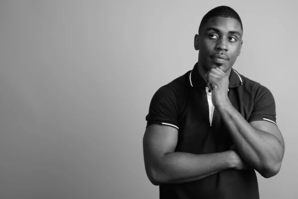 Studio Shot Young Handsome African Man Wearing Polo Shirt Gray — Stock Photo, Image