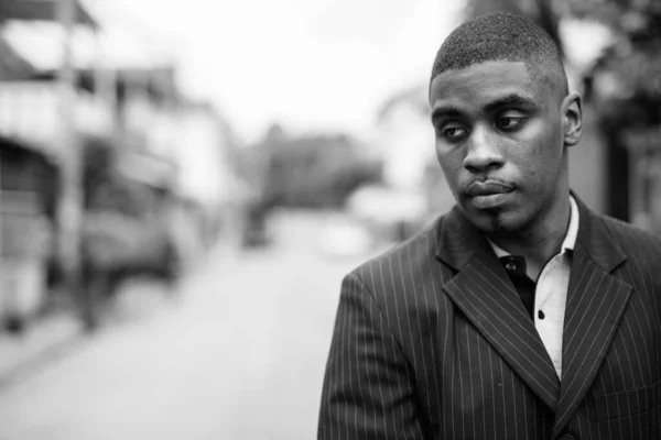 Portrait Young Handsome African Businessman Wearing Suit Streets Outdoors Black — Stock Photo, Image