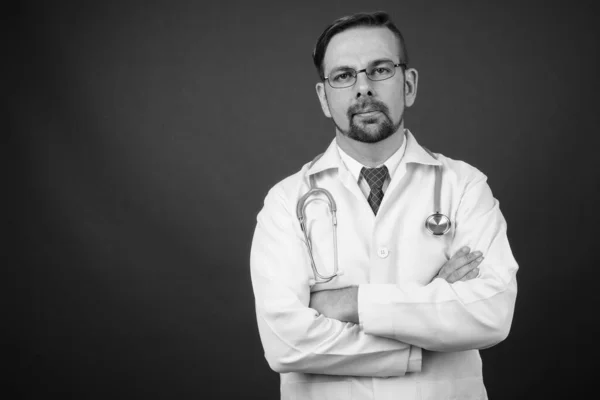 Studio Shot Blond Bearded Man Doctor Goatee Gray Background Black — Stock Photo, Image