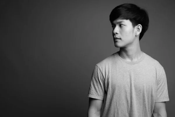 Studio Shot Young Handsome Asian Man Gray Background Black White — Stock Photo, Image