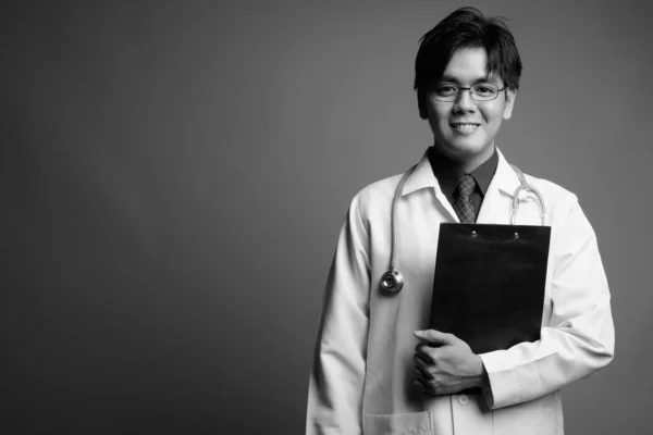 Studio Shot Young Handsome Filipino Man Doctor Gray Background Black — Stock Photo, Image