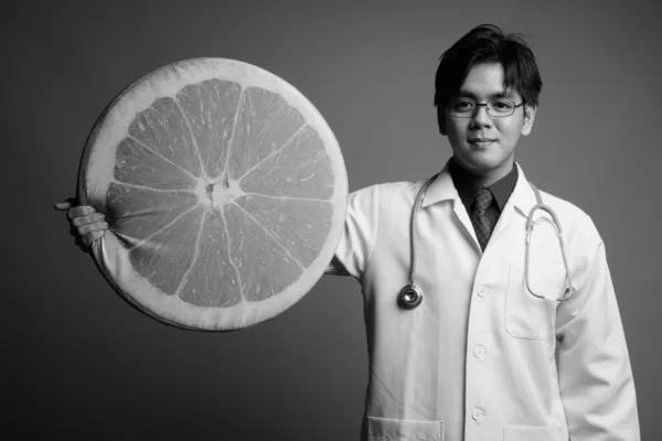 Studio Shot Young Handsome Filipino Man Doctor Gray Background Black — Stock Photo, Image
