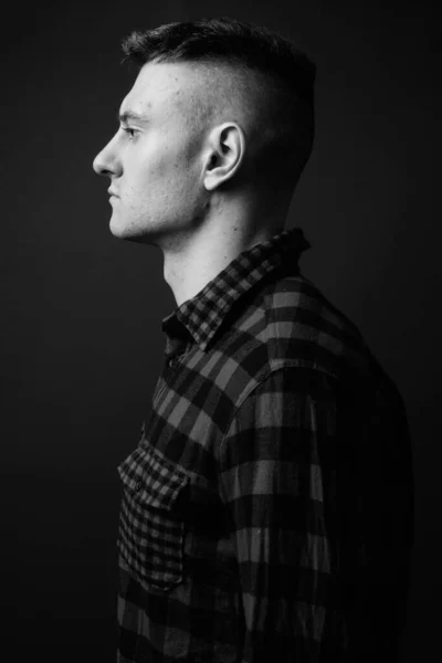 Studio Shot Young Handsome Man Wearing Checkered Shirt Gray Background — Stock Photo, Image