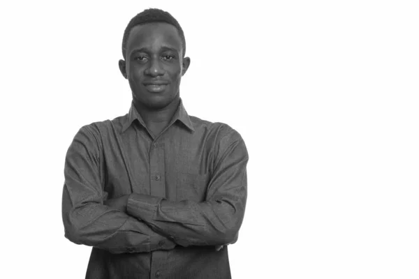 Estúdio Tiro Jovem Bonito Empresário Africano Isolado Contra Fundo Branco — Fotografia de Stock