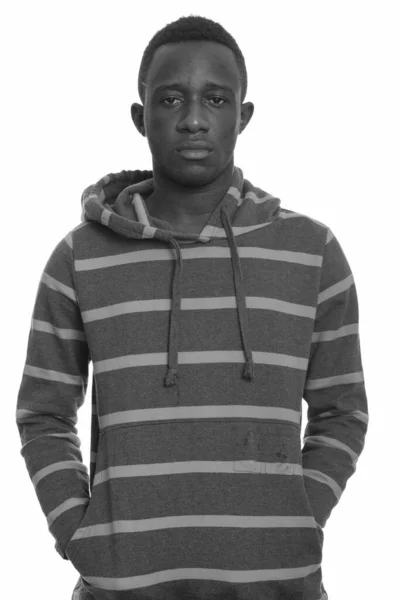 Studioaufnahme Eines Jungen Gut Aussehenden Afrikaners Mit Kapuzenpullover Vor Weißem — Stockfoto