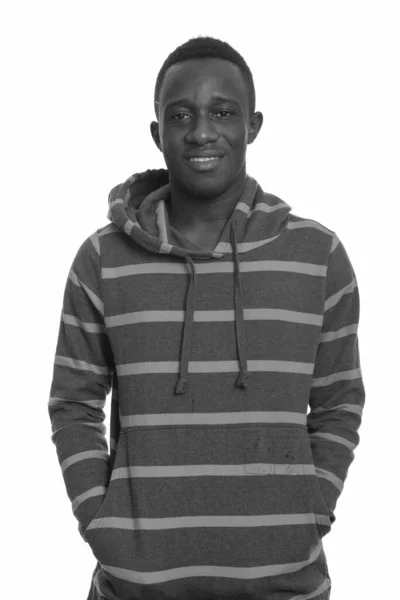 Studioaufnahme Eines Jungen Gut Aussehenden Afrikaners Mit Kapuzenpullover Vor Weißem — Stockfoto