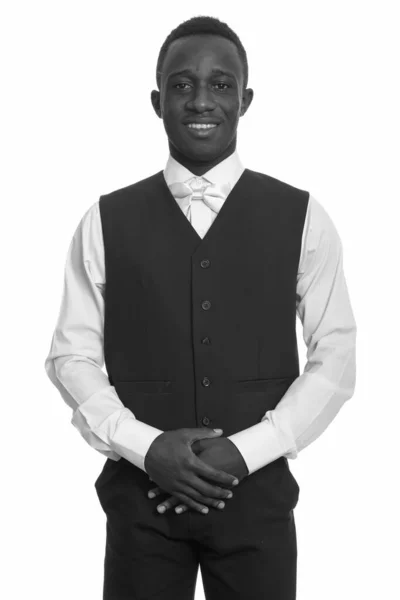 Estúdio Tiro Jovem Bonito Empresário Africano Isolado Contra Fundo Branco — Fotografia de Stock