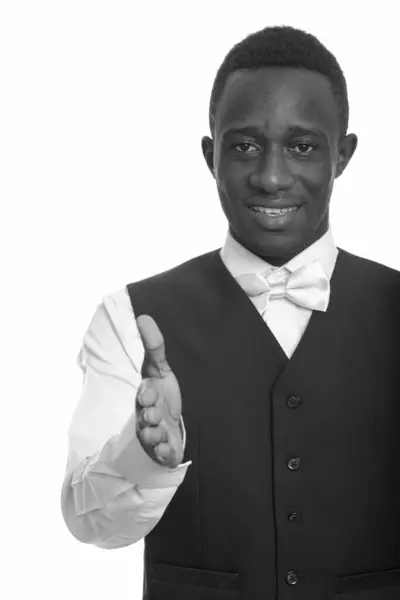 Студийный Снимок Молодого Привлекательного Африканского Бизнесмена Изолированного Белом Фоне Черно — стоковое фото