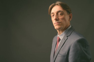Olgun yakışıklı İtalyan işadamı gri arka planda