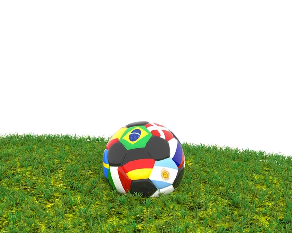 Bola Futebol Grama Com Bandeiras Diferentes Renderização — Fotografia de Stock