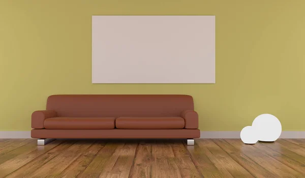 Big Mock Poster Modern Room Bright Yellow Wall Wooden Floor — Stock Photo, Image