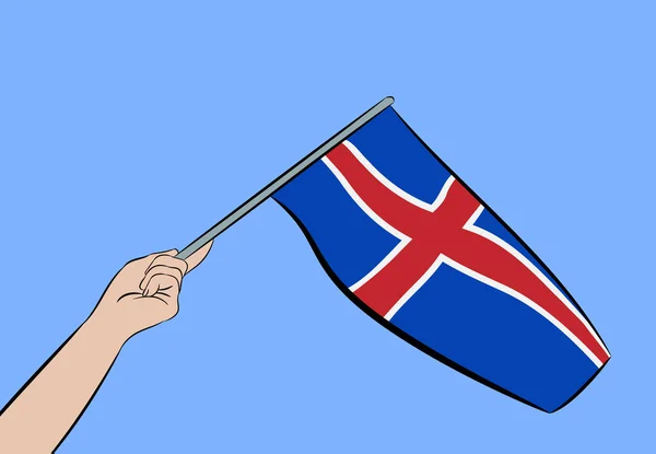 Ženských Rukou Mávat Vlajkou Islandu Modré Obloze Vektorové Ilustrace — Stockový vektor