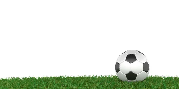 Bola Futebol Fundo Panorama Grama Com Espaço Para Texto Renderização — Fotografia de Stock