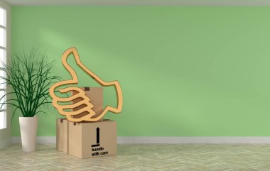 Room with cardboard boxes and golden thumb up clipart