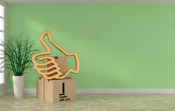 Room with cardboard boxes and golden thumb up — Stock Photo, Image