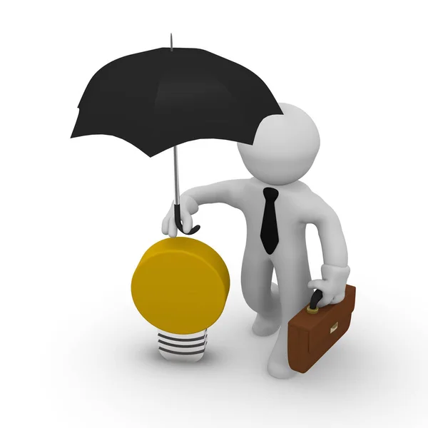 小企业角色用雨伞保护灯泡 创意或新理念保护概念 — 图库照片