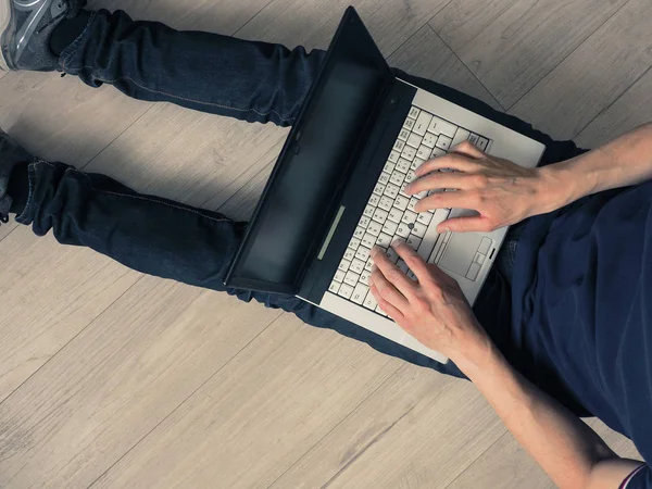 Man Notebook Wooden Floor View — Stock Photo, Image