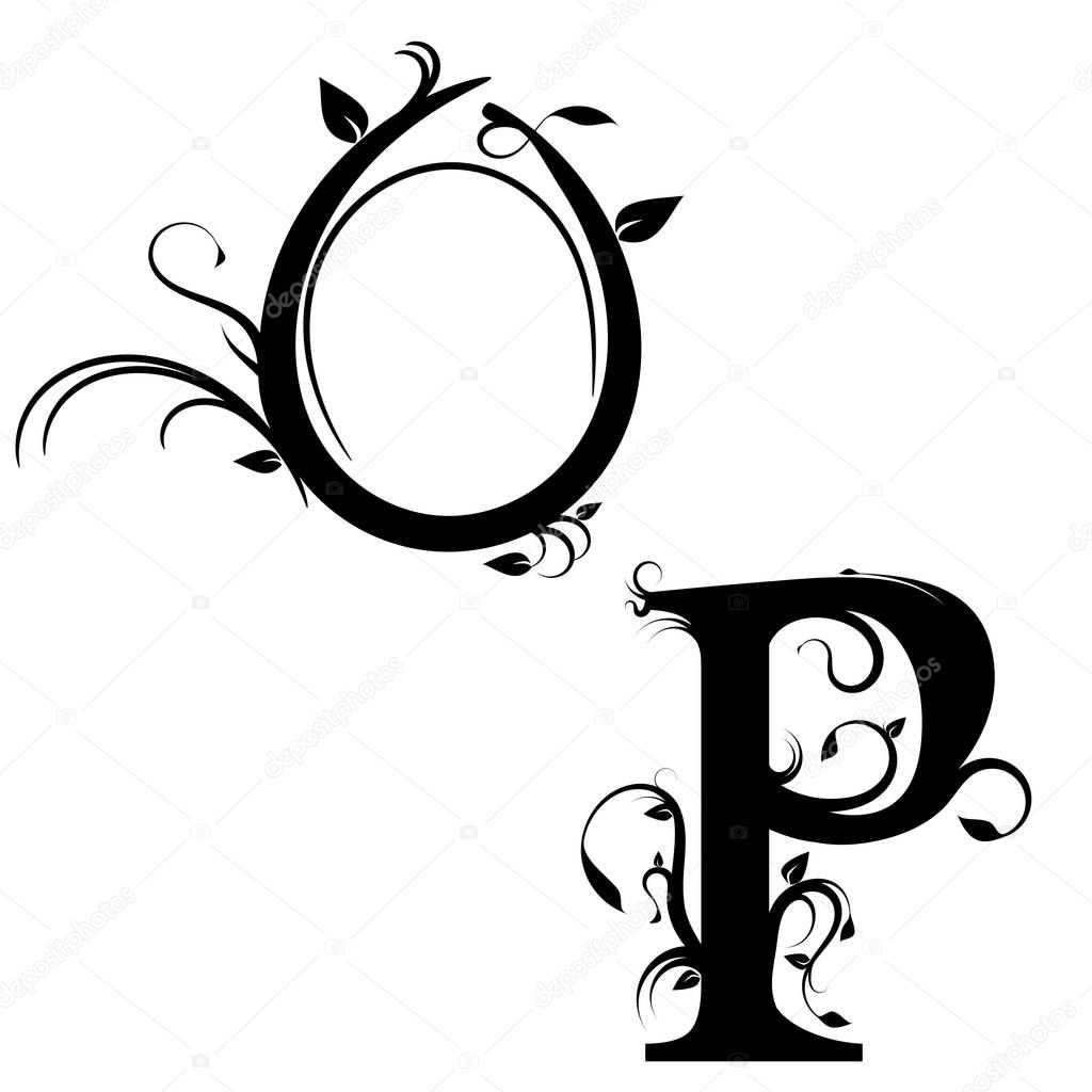 Decorative floral letters O and P on a white background, vector illustration