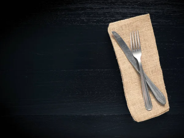 Flatware Black Wooden Table Space Text — Stock Photo, Image