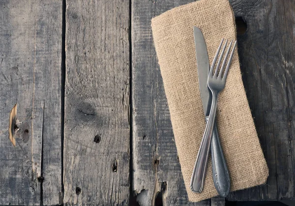 Flatware Rustic Wooden Table Space Text — Stock Photo, Image