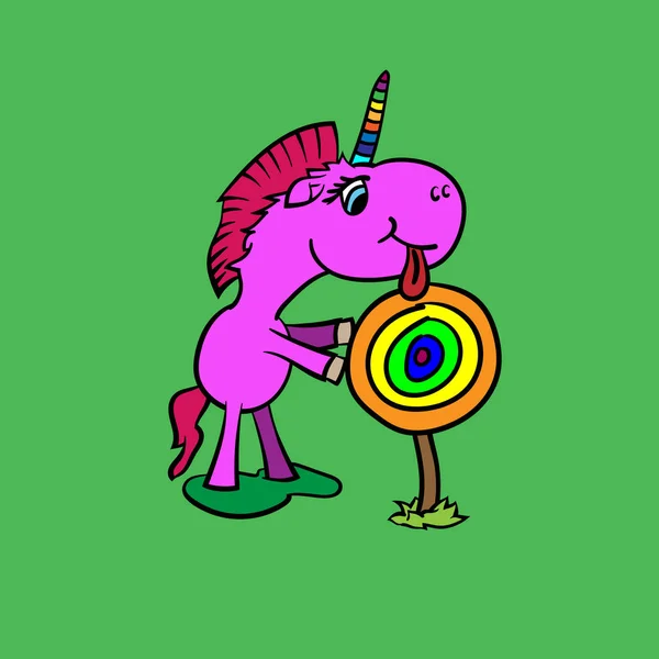 Carino Cartone Animato Unicorno Con Arcobaleno Colorato Lecca Lecca Illustrazione — Vettoriale Stock