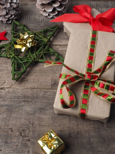 Christmas Gifts Decoration Rustic Wooden Floor Using Seasonal Background — Stock Photo, Image