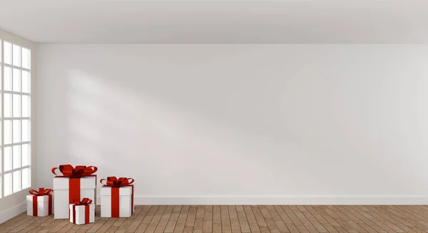 明亮的房间里有白色的圣诞礼品盒 有文字或图像的空间 — 图库照片