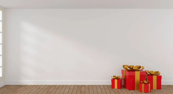 明亮的房间里有红色的圣诞礼品盒 有文字或图像的空间 — 图库照片