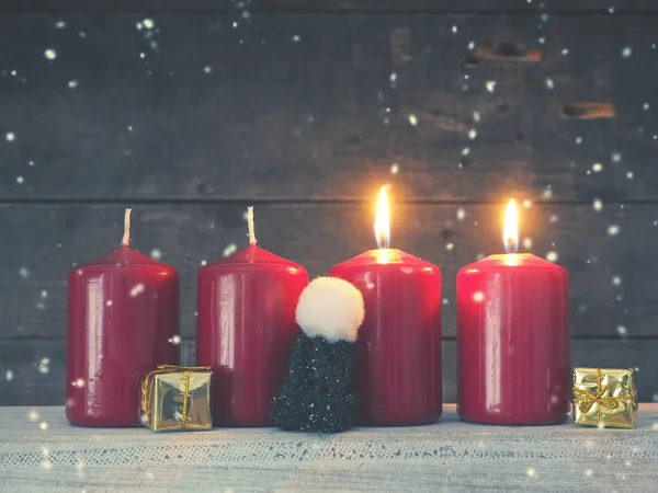 Four Red Advent Candles Rustic Wooden Background First Candle Burning — Stock Photo, Image