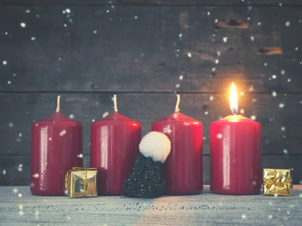 Four Red Advent Candles Rustic Wooden Background First Candle Burning — Stock Photo, Image