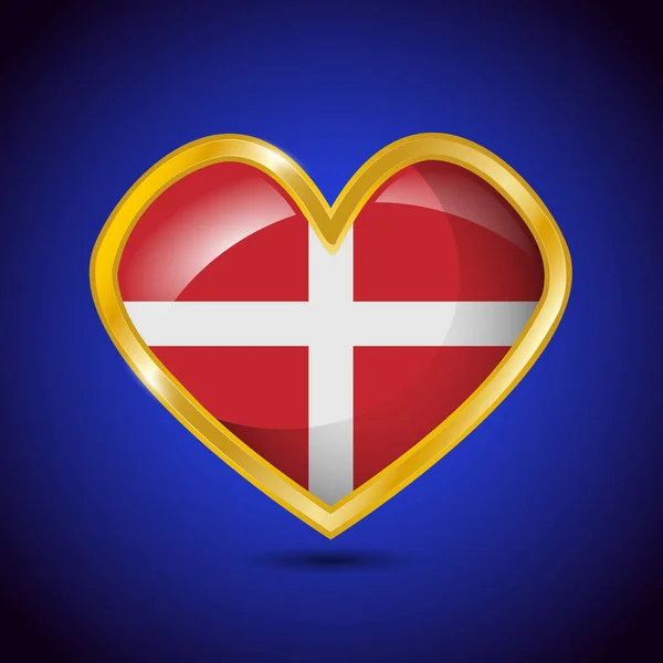 Coeur Avec Cadre Doré Drapeau Danemark Sur Fond Bleu Royal — Image vectorielle