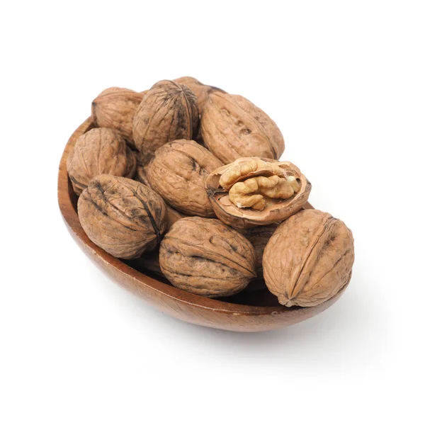 Organic French Walnuts Wooden Bowl White Studio Background — Stock Photo, Image