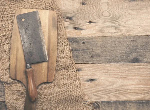 Old Used Meat Cleaver Rustic Wooden Background — Stock Photo, Image