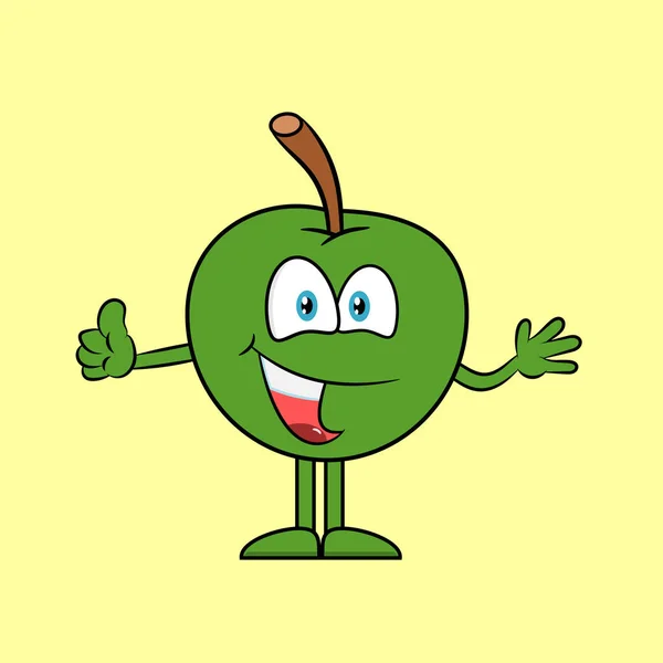 Счастливое Зеленое Яблоко Мультика Большим Пальцем Вверх Концепция Здорового Питания — стоковый вектор