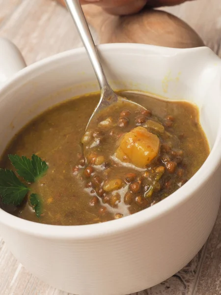 Tasty soup of green lentils — Stock Photo, Image