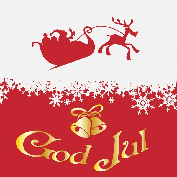 God Jul Scandinavian Merry Christmas Golden Text Bells Santa Reindeer — Stock Vector