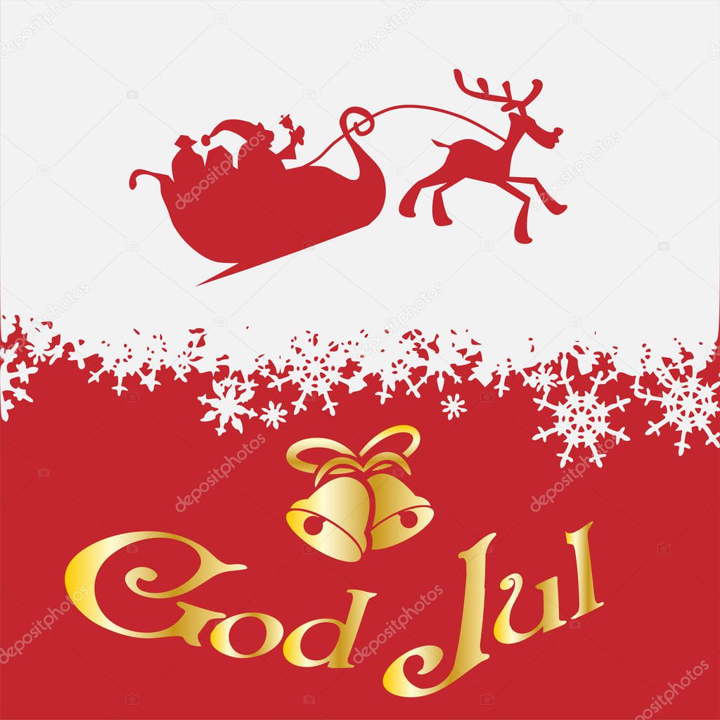 God Jul, Scandinavian Merry Christmas, golden text with bells and Santa with reindeer on snow background